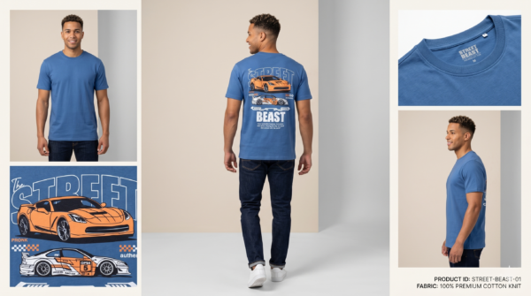 Street Beast Premium Blue Cotton T-Shirt with "The Street" Back Car Graphic